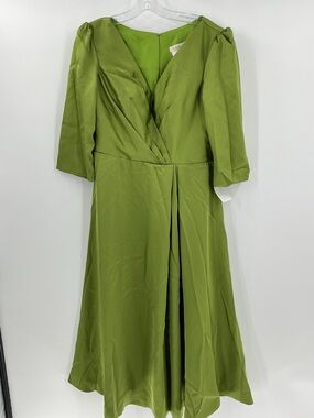 TS COUTURE chartreuse green silk midi dress a V-neck and 3/4 puff sleeves.